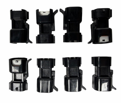 JackSpania Racing USCAR EV6 EV14 fuel injector adapter connector set of 8 for Denso style engine parts, showing detailed connectors.