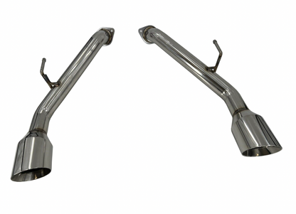 Jack Spania Racing axle-back exhaust muffler for Infiniti Q50 2014+ with stainless steel tips, showcasing the performance exhaust parts.