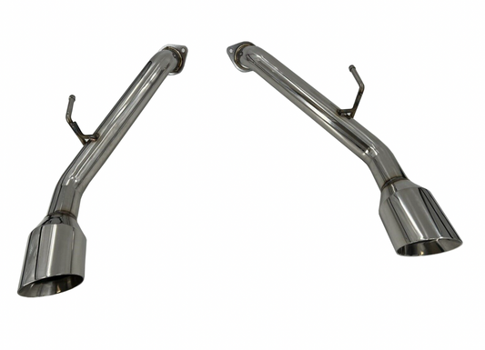 Jack Spania Racing axle-back exhaust muffler for Infiniti Q50 2014+ with stainless steel tips, showcasing the performance exhaust parts.
