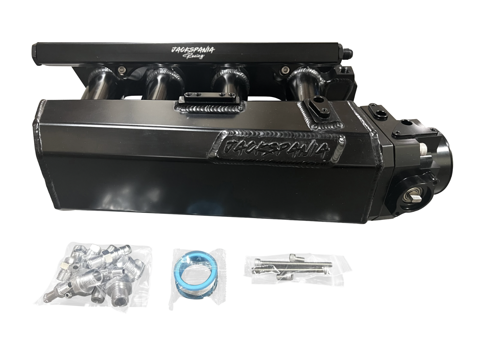 Jack Spania Racing K Series sheet metal intake manifold for K20Z3, K24, and K swap engines, shown in black with mounting ports.
