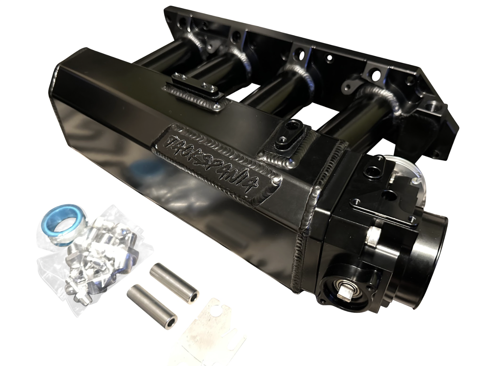 Jack Spania Racing K Series sheet metal intake manifold for K20Z3, K24, K Swap engines, shown on engine part.