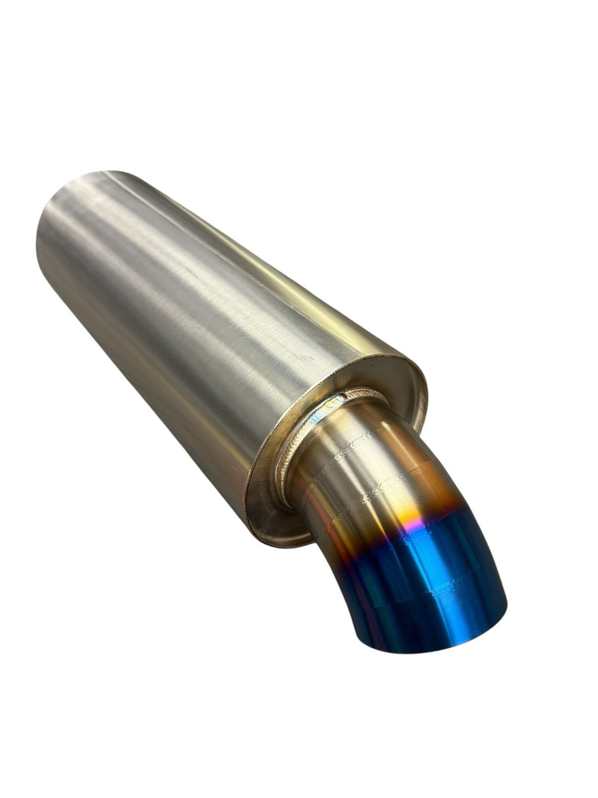 Stainless steel 2.5" and 3" inlet turn down pie cut dolphin muffler exhaust part by JackSpania Racing, showing the polished metal finish.