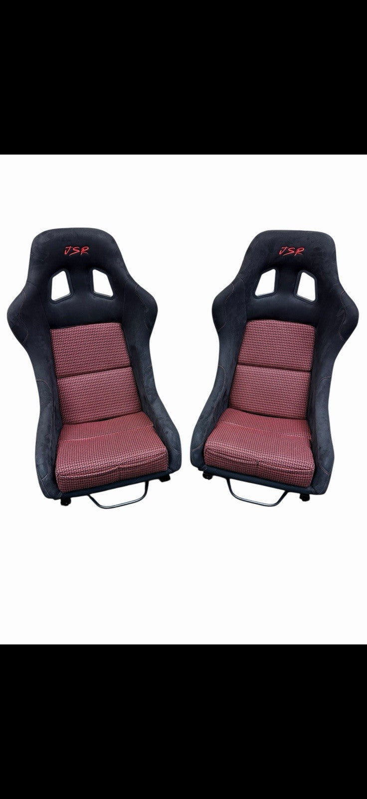 JackSpania Racing universal ultra lightweight fixed bucket seat with rails and sliders, covered in plush suede fabric.