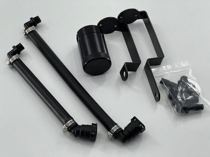Jack Spania Racing Oil Separator Catch Can for 6.2 Supercharged Dodge Durango Hellcat and Trackhawk engine, mounted on engine bay.