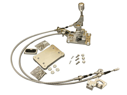 Jack Spania Racing K20 K24 RSX shifter cables and transmission bracket for Honda K series Civic, showing detailed metal components.