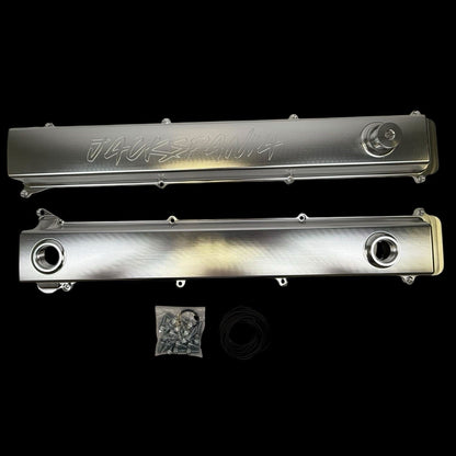 Toyota Supra 2JZGTE VVTI billet valve covers with anodized oil cap and bolts, branded by JackSpania Racing, engine parts.