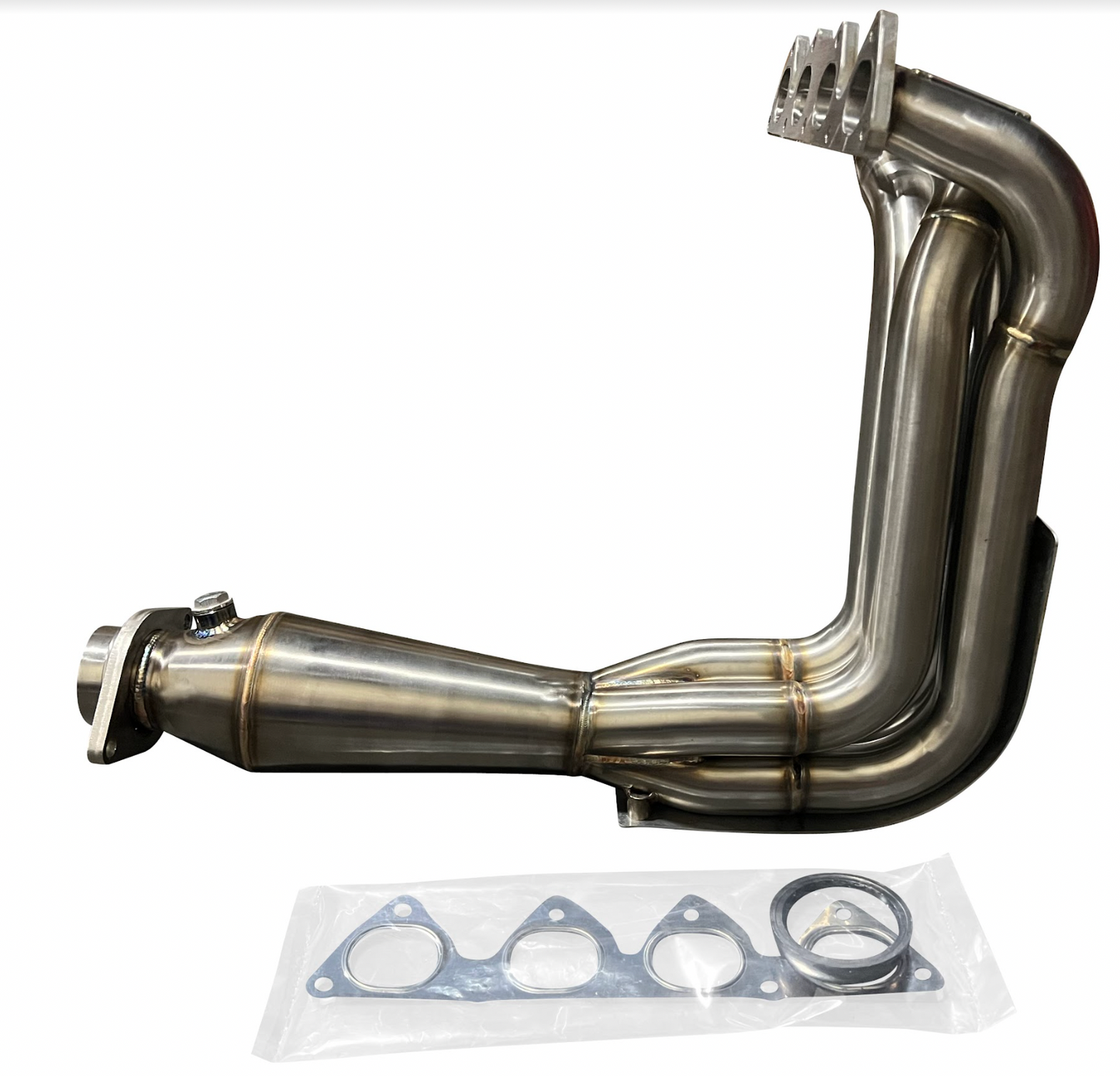 Jack Spania Racing B Series Megaphone Header 4-1 Collector RF V2 for B16 B18 B20 engines, exhaust parts with polished metal finish.