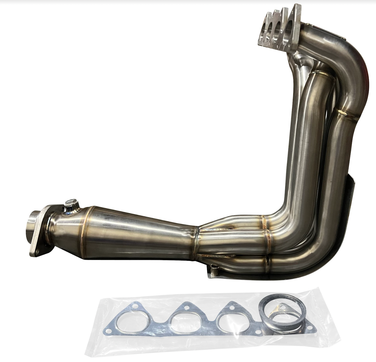 Jack Spania Racing B Series Megaphone Header 4-1 Collector RF V2 for B16 B18 B20 engines, exhaust parts with polished metal finish.