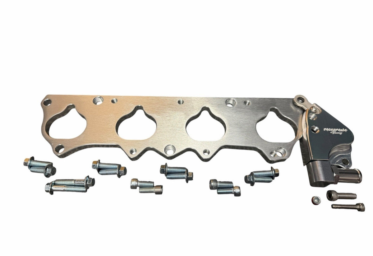 JackSpania Racing K24 intake manifold adapter kit for S2000 F20C F22C engines, showing the metal adapter components.