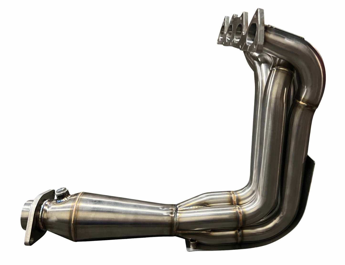 Jack Spania Racing B Series Megaphone Header 4-1 Collector RF V2 B16 B18 B20 exhaust part with polished metal finish.