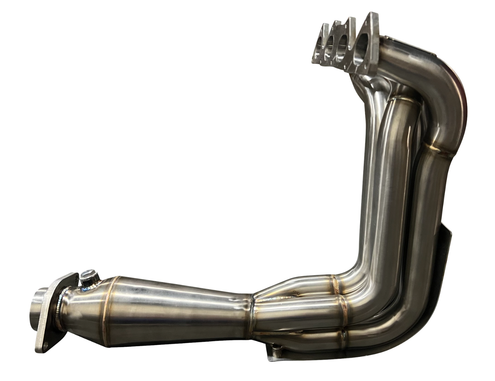 Jack Spania Racing B Series Megaphone Header 4-1 Collector RF V2 B16 B18 B20 exhaust part with polished metal finish.