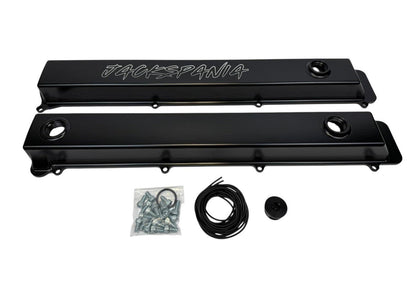 Toyota Supra 2JZGTE VVTI billet valve covers with anodized oil cap and bolts, high-performance engine parts by JackSpania Racing