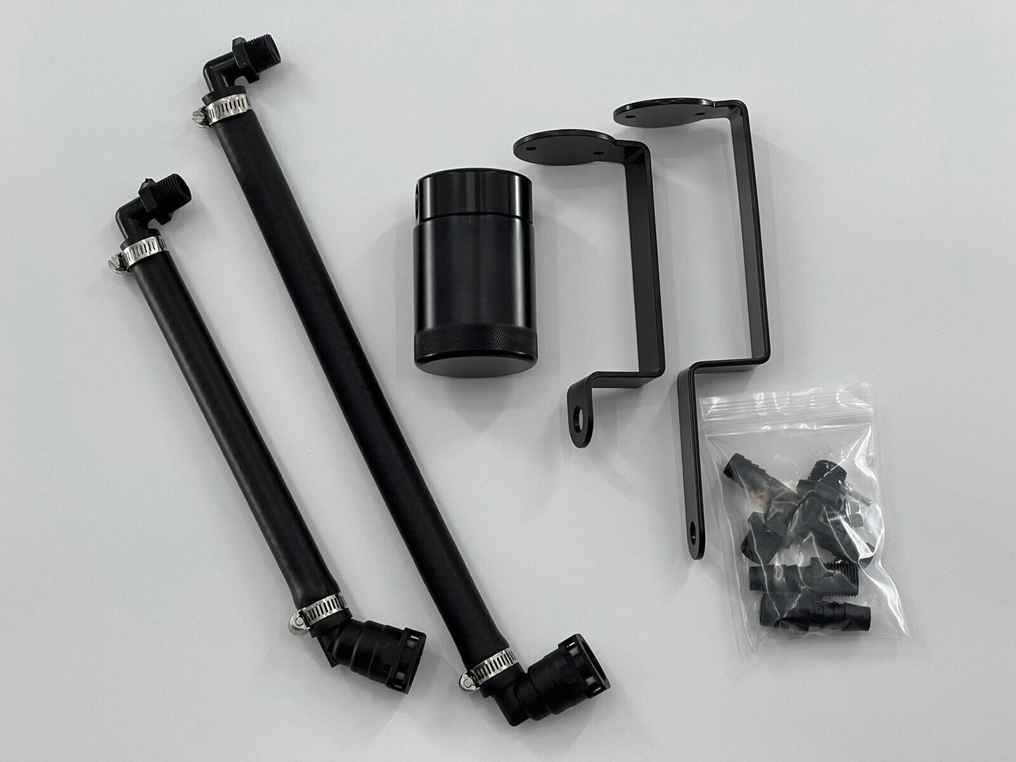 Jack Spania Racing oil separator catch can for Dodge Durango Hellcat Trackhawk 6.2 supercharged engine parts, shown installed on engine.