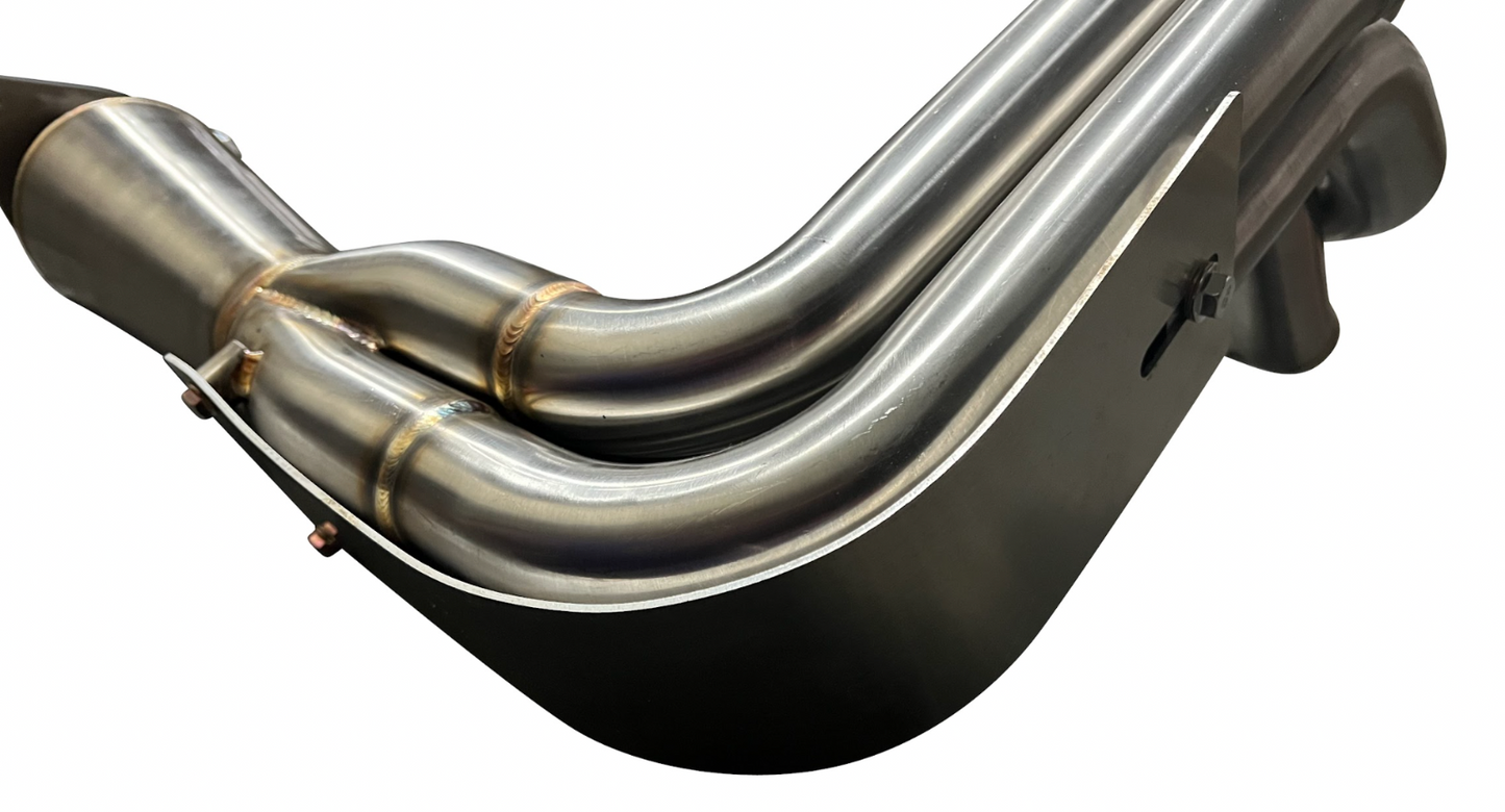 Jack Spania Racing B Series Megaphone Header 4-1 Collector RF V2 B16 B18 B20 exhaust part showing the polished metal collector and header design.