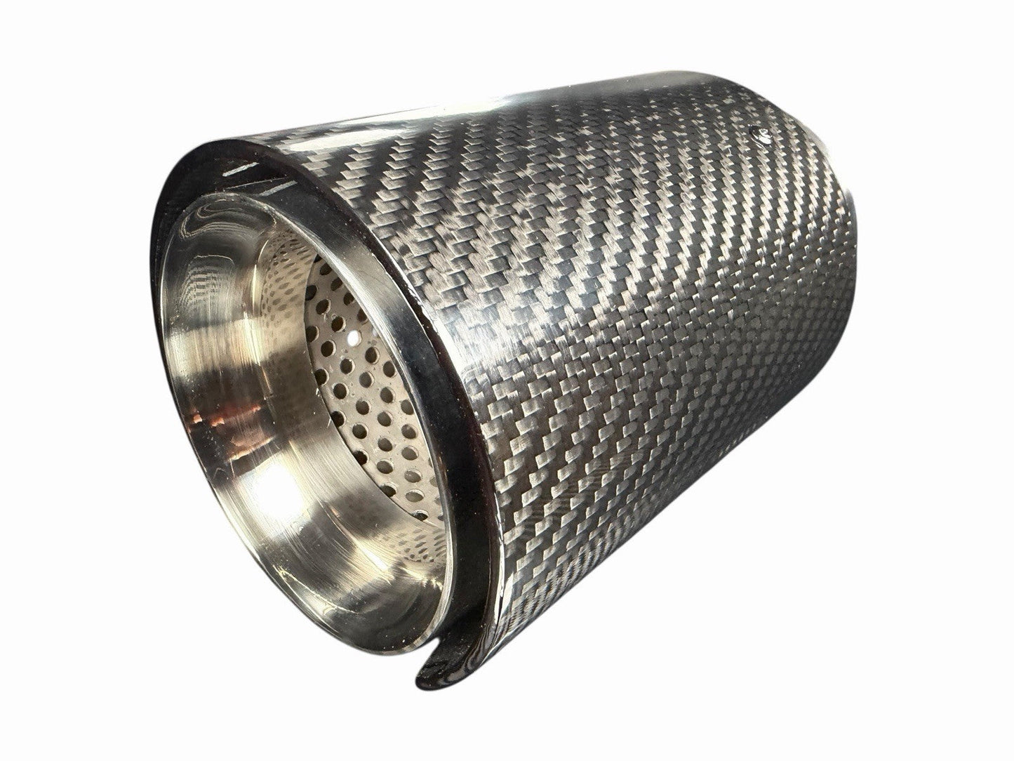Gloss resonated carbon fiber exhaust pipe tip, 3-inch M Performance style, by JackSpania Racing, showing the sleek, shiny finish and design.