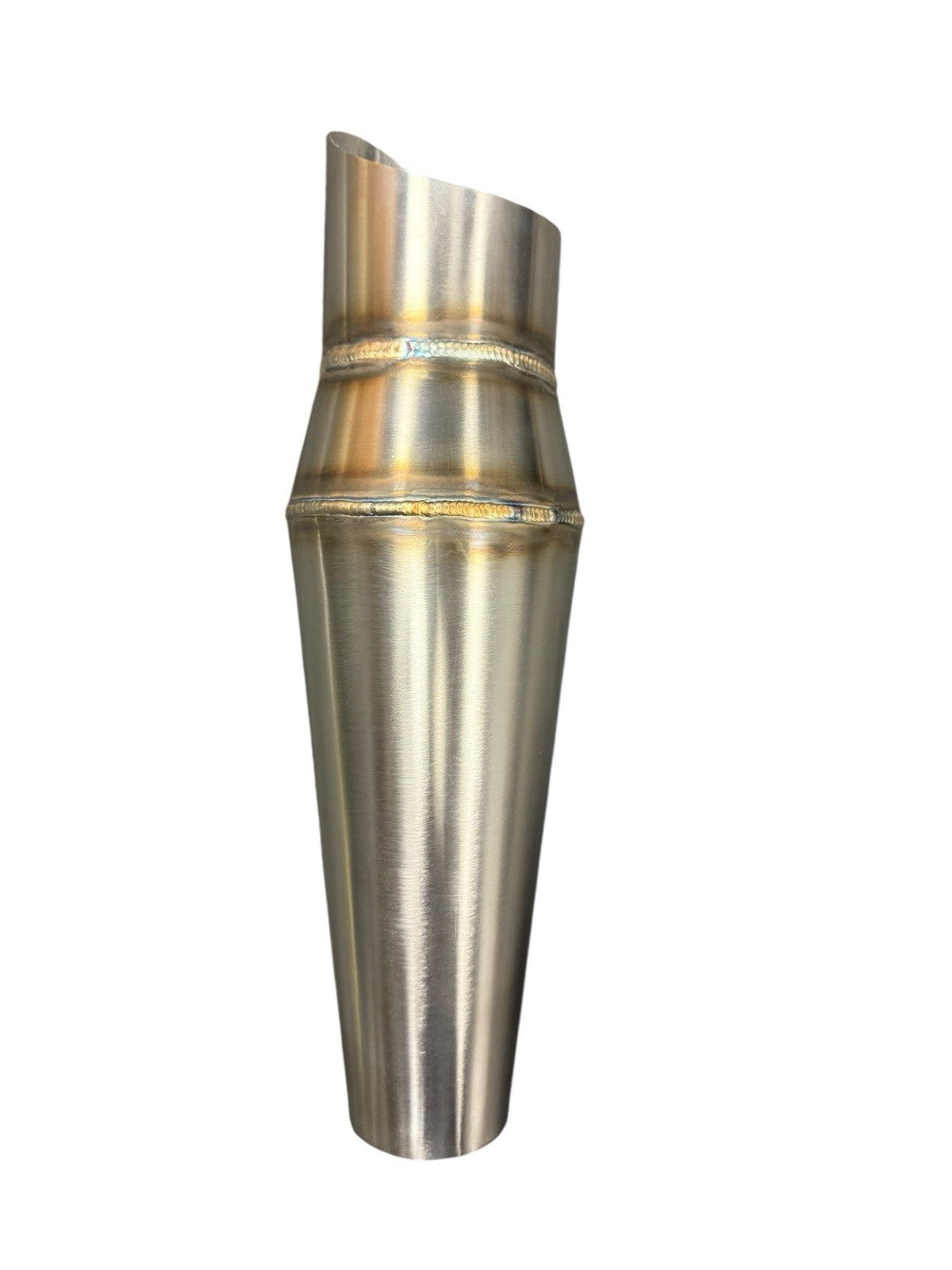 Stainless steel 2.5-inch custom megaphone reverse cone pipe hood exit for exhaust systems, by JackSpania Racing.