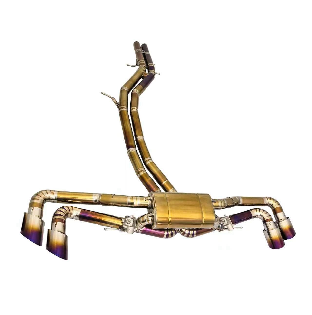 Titanium valved sport catback exhaust for 2018-2024 Lamborghini Urus by JackSpania Racing, featuring polished titanium pipes and exhaust tips.