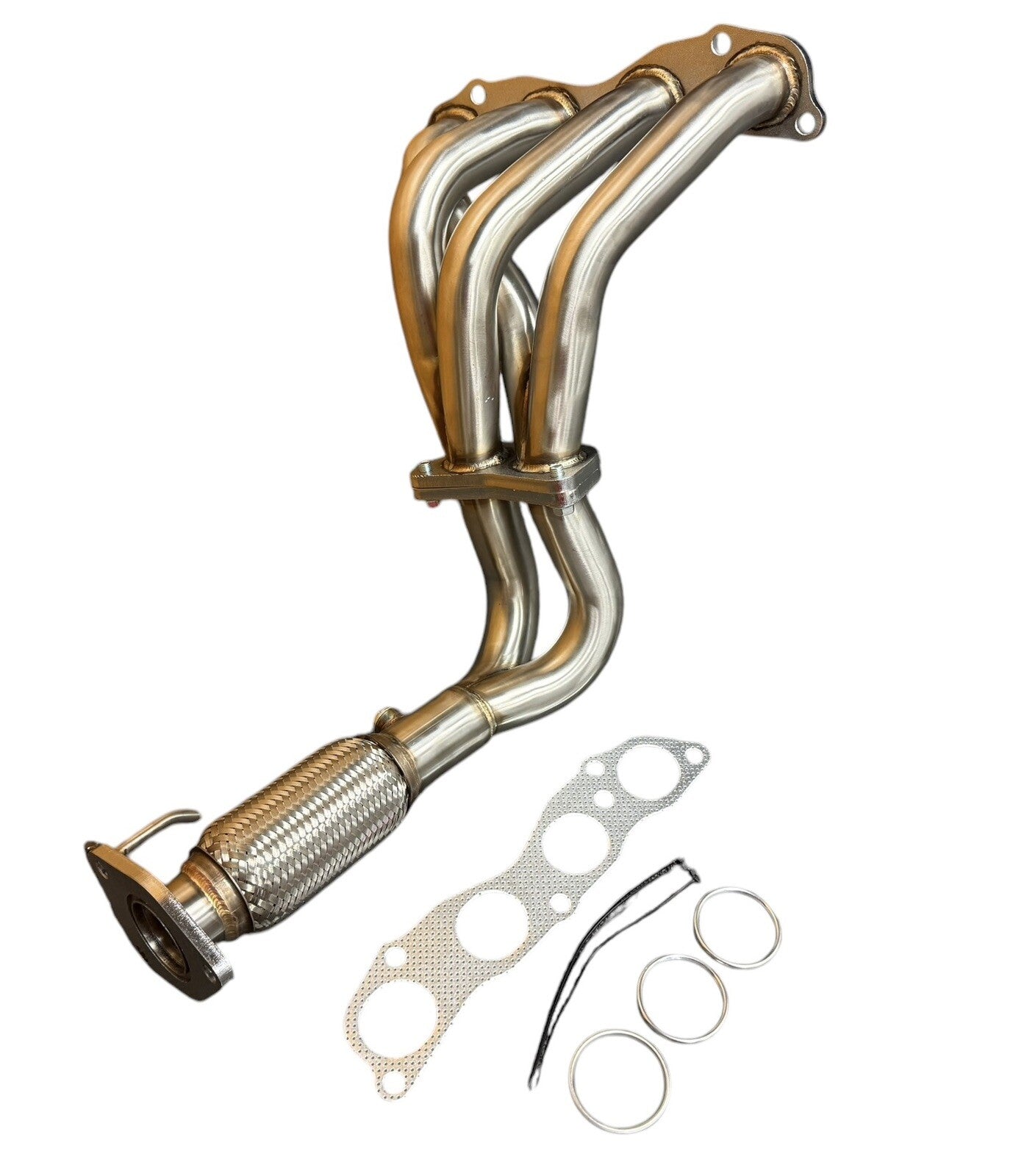 Stainless steel exhaust header for 2003-2007 Honda Accord LX 2.4L K24 engine by JackSpania Racing, showing the polished metal component.