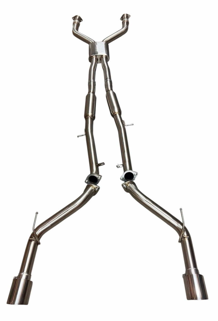 Dual 3-inch cat back exhaust muffler system for 2016-2023 Infiniti Q50 Q60 3.0T RWD by JackSpania Racing, showing polished metal pipes and mufflers.