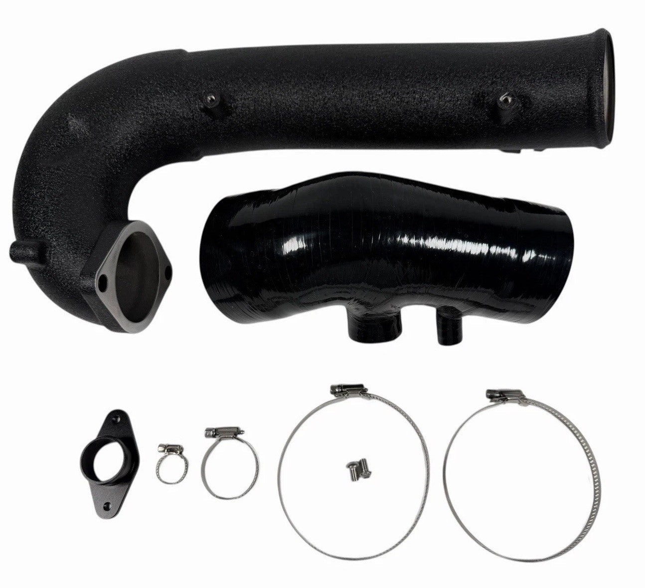 JackSpania Racing turbo inlet pipe upgrade kit for 2017+ Honda Civic Type R FK8 engine, showcasing the polished metal pipe and fittings.