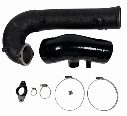 JackSpania Racing turbo inlet pipe upgrade kit for 2017+ Honda Civic Type R FK8 engine, showcasing the polished metal pipe and fittings.
