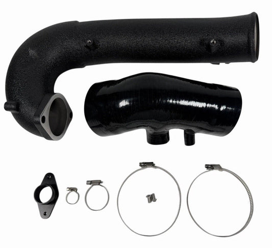 JackSpania Racing turbo inlet pipe upgrade kit for 2017+ Honda Civic Type R FK8 engine, showcasing the polished metal pipe and fittings.