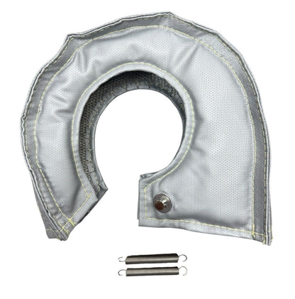 Silver fiberglass turbo blanket and heat shield cover for turbocharger, designed to fit JackSpania Racing engine parts.