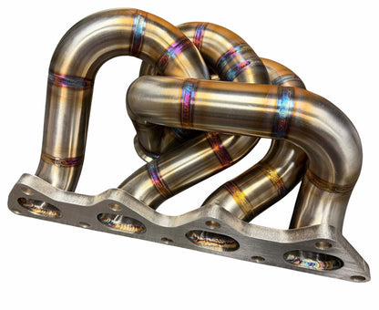 316SS tubular turbo manifold for Evo 7-9 with 44mm wastegate, V-band, compatible with Garrett G25 G30, by JackSpania Racing.