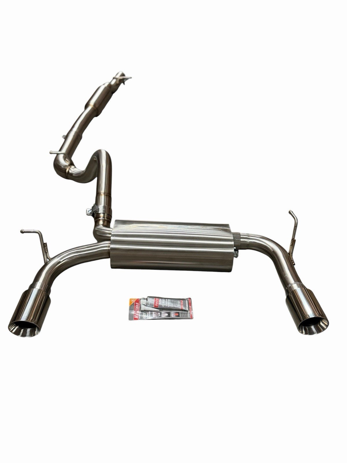Stainless steel dual tip cat-back exhaust system for 2007-2018 Jeep Wrangler JK by JackSpania Racing, showing polished exhaust tips.