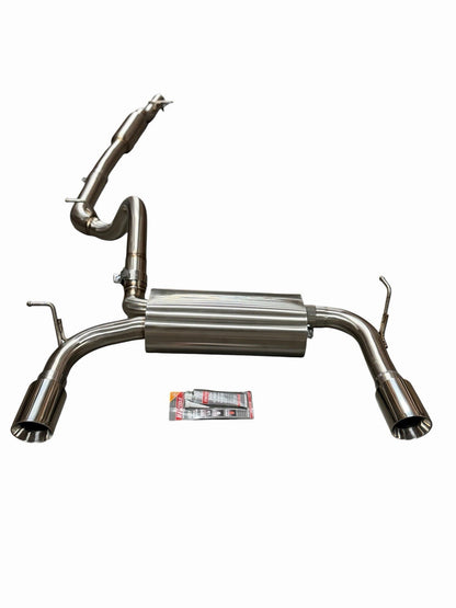 Stainless steel dual tip cat-back exhaust system for 2007-2018 Jeep Wrangler JK by JackSpania Racing, showing polished exhaust tips.