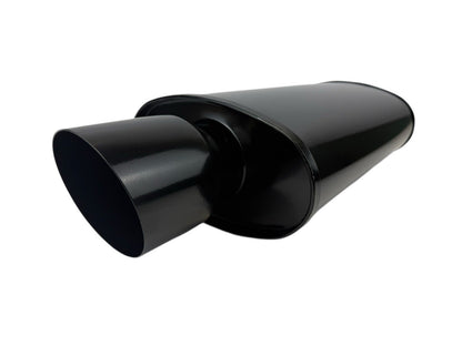 Black JackSpania Racing single wall universal short tip muffler with 3-inch inlet and 3.5-inch outlet for exhaust systems.