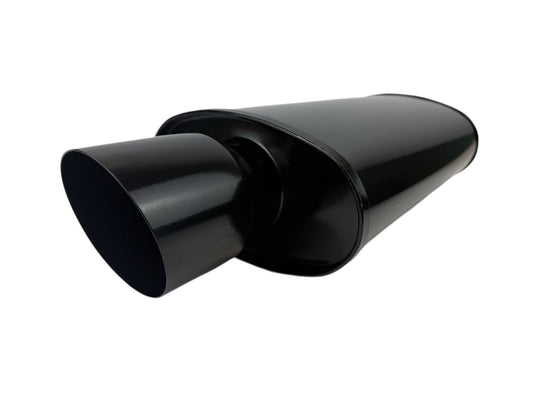 Black JackSpania Racing single wall universal short tip muffler with 3-inch inlet and 3.5-inch outlet for exhaust systems.